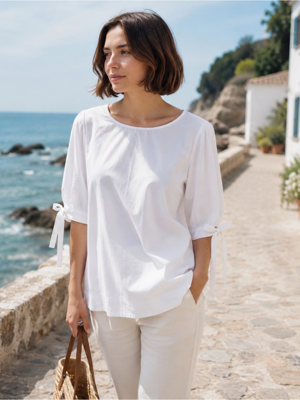 White Cotton Tunic Top Size 8 Euro Tie Sleeve Poplin Romantic Blouse Coastal